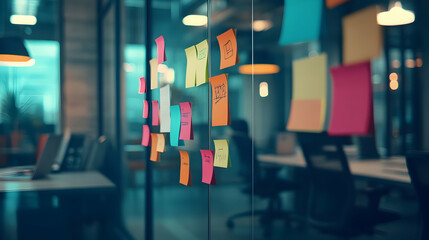 Creative team focused on strategy planning with vibrant post-its and modern tools in an office environment -