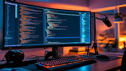 A computer screen displays lines of code in a dimly lit room