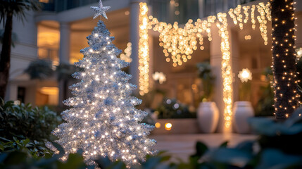 Wall Mural - Majestic holiday tree with silver garlands and star lights, glowing softly in front of a festive, blurred background . illustration