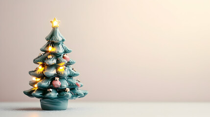 Wall Mural - Mini ceramic holiday tree with hand-painted details and glowing lights, isolated on a white background