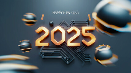 Wall Mural - happy new year 2025 in orange glowing letters with digital interface