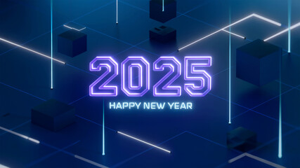 Wall Mural - happy new year 2025 written with purple lights on dark background with geometrical lines