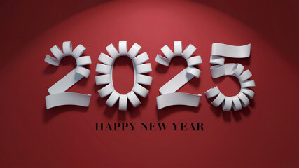 Wall Mural - 2025 with minimalistic happy new year text written on deep premium red background 