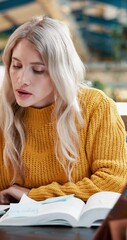 Poster - Woman, university and student reading book, studying and prepare for exam. Girl, textbook or learning for education, knowledge and research information in college campus for scholarship or assignment