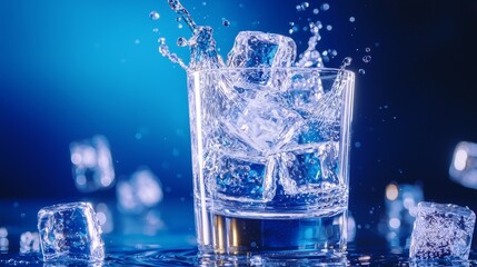 Close-up shot of glass brimming with ice, energetic water splash frozen in motion, blue background emphasizes chill and clarity, ultra-refreshing vibe