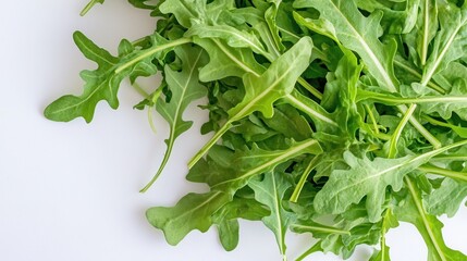 Wall Mural - Fresh arugula leaves captured on a white background with Canon R6 50mm lens for vibrant, natural food photography