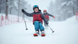 © Pter - A Young Boy Joyfully Skiing Down a Slope, Embodying the Spirit of Winter Adventures with Friends