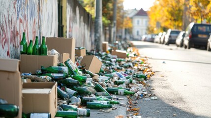 littered street with discarded bottles and boxes in autumn sunlight