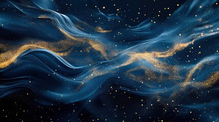 Wall Mural - Abstract blue and gold particles, windblown effect, flowing artistic background.