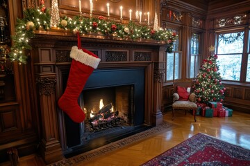 Wall Mural - A red Christmas stocking on a fireplace mantle in a beautifully decorated room for the holidays.