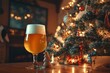 © Bashi Ai - A refreshing beer glass stands next to a beautifully decorated Christmas tree, embodying holiday cheer.
