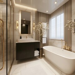 Wall Mural - Luxury Bathroom Interior Design with Gold and White Marble, Modern Elegant Home Decor