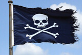 a ripping pirate flag with skull and crossbones fluttering on a flagpole