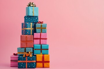 a tall stack of brightly wrapped gift boxes, symbolizing the abundance of holiday celebrations.