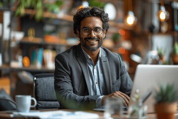 smiling businessman using tablet in modern office