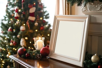 Wall Mural - A white frame on a table near a Christmas tree, perfect for holiday decor.