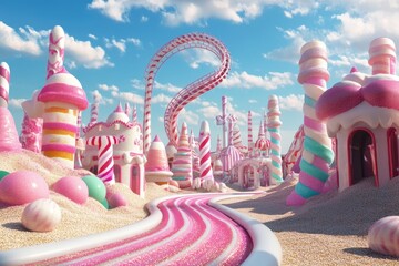 a whimsical candy land with pink towers, swirled paths, and vibrant skies, inviting viewers into a w