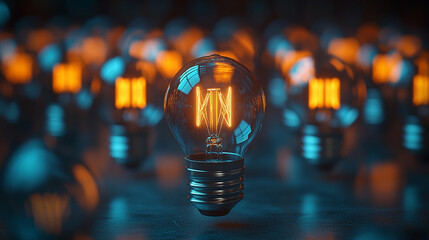 multiple black light bulbs, with one glowing brightly among them, symbolizing individuality, creativity, and the power of a single idea standing out in the crowd