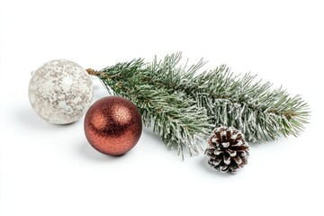 Wall Mural - Christmas decorations with baubles and tree branches isolated on a white background, highlighting festive details.