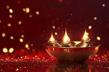 Canvas Print - stylish oil lamps in elegant bowl shiny isolated on red and fleck of light background for lively celebration 