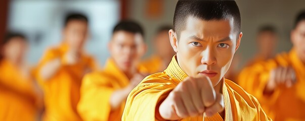 A group of martial artists in bright orange uniforms demonstrates a powerful punch, showcasing their skills and focus during practice.