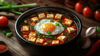 Bowl of spicy sundubu jjigae with fresh tofu and seafood, Korean stew, comfort food