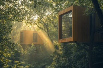 Poster - Two modern, sunlit treehouses elegantly perched in a vibrant green forest, showcasing their harmonious blend with nature and exceptional arboreal architecture.