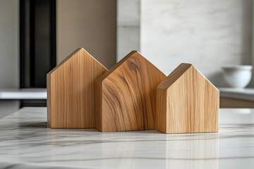 Aufkleber - Three polished wooden house-shaped blocks sit on a marble surface, highlighted by bright light, showcasing their natural texture and minimalistic design elegance.