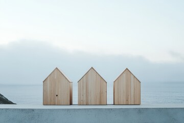 Aufkleber - Three wooden house models are positioned against a coastal backdrop, creating a serene and minimalist scene that emphasizes natural materials and tranquility.