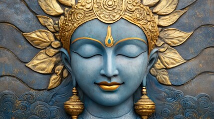 Artistic representation of Lord Vishnu in meditation, symbolizing peace and cosmic harmony with soothing blue and golden tones