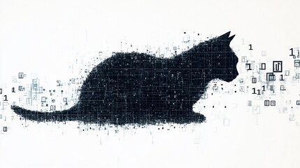 A black cat silhouette dissolving into a digital stream of binary code. The cat is looking to the right, with a sense of curiosity or intrigue. The background is white.