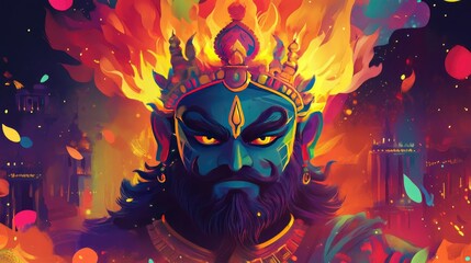 Vibrant Happy Dussehra poster featuring Ravana with flaming ten heads, symbolizing victory of good over evil. Colorful background with festive elements