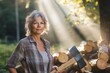 © ChaoticMind - A senior lady, holding an axe with confidence, poses in an open forest lit by gentle sunlight, representing empowerment and self-reliance.