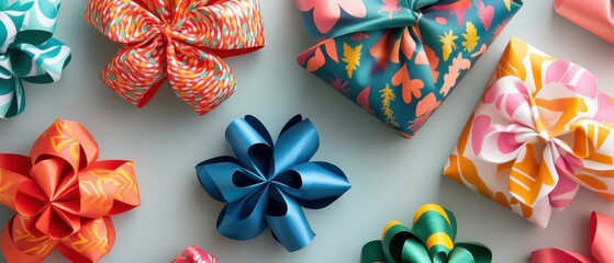 Wall Mural - Explore the vibrant world of colorful wrapping paper and festive bows for winter celebrations