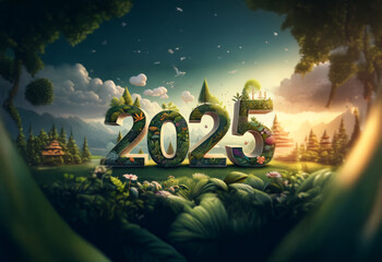 The year 2025 is depicted in large 3D numbers covered in lush greenery, a sunrise in the background, and a view of a vast and vibrant landscape.