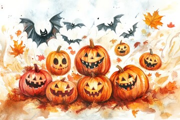 A group of grinning jack-o'-lantern pumpkins is gathered amongst falling autumn leaves, with bats silhouetted in the sky, capturing a classic Halloween scene.