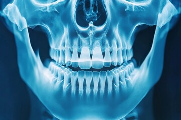 Aufkleber - A front-facing x-ray of a human skull, showcasing the intricate bone and jaw structures with an ethereal blue light highlighting every subtle feature.