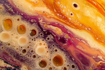 Aufkleber - This is an abstract depiction of vibrant and colorful swirls interspersed with various sized bubbles, creatively mixing warm hues and dynamic textures.