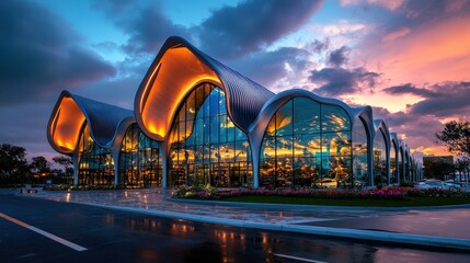 A futuristic building with undulating forms stands illuminated against a dramatic sunset, showcasing contemporary architectural design and innovative lighting effects.