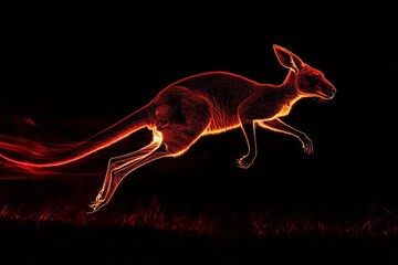 Leinwandbilder - A neon-colored kangaroo in full flight, elegantly stretching mid-air with light trails depicting dynamic energy against a deep black background in vivid detail.