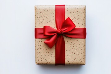 Wrapped gift box with a red ribbon bow isolated on a pure white background