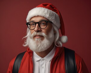 handsome senior man wearing santa claus hat and glasses over red isolated background.Generative with AI