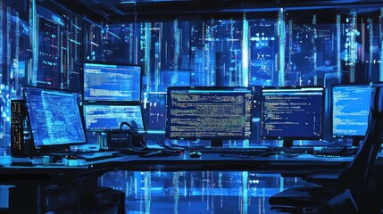 A futuristic computer workstation with multiple monitors displaying code and data, illuminated by a blue glow.