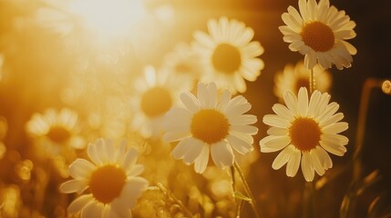 Wall Mural - Chamomile flowers basking in sunlight, their cheerful yellow and white hues creating a serene atmosphere in a close-up shot.