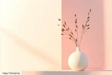 Leinwandbilder - A simple white vase sits gracefully on a table against a soft pink and cream background, holding delicate dried flowers, capturing a minimalist aesthetic and tranquility.