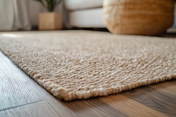 Poster - A detailed shot highlighting the texture and tone of a beige carpet, spread across a wooden floor, fitting seamlessly into a cozy, sunlit living room setting.