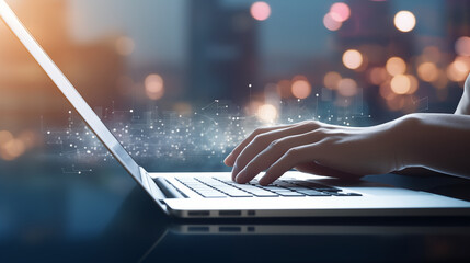 Digital technology, cloud computing concept. Software engineer using laptop computer, technology, innovative and communication network