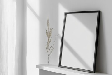 Poster - A black empty frame placed on a shelf, with dynamic shadow play and a minimalist aesthetic, evoking a sense of space and modern elegance in the decor.