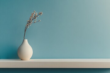 Aufkleber - A sleek ceramic vase holds a dried flower branch, placed on a minimalist shelf against a calming blue wall, combining natural beauty with modern design.