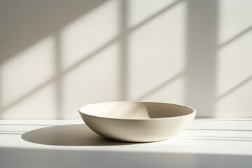 Poster - A simple ceramic bowl is placed in soft lighting, creating an interplay of shadows and light patterns on its surface, evocative of serene minimalism and artistic beauty.